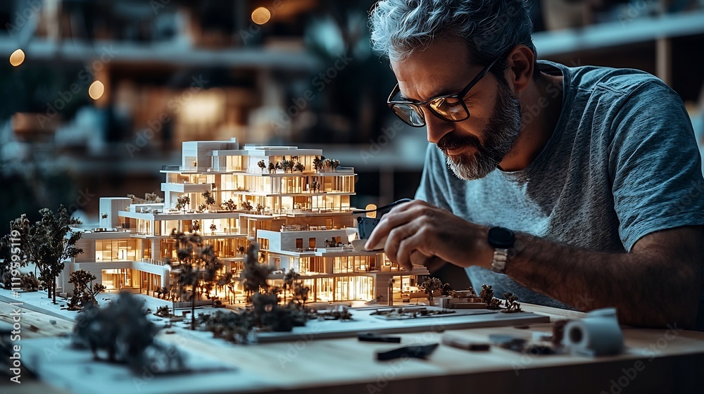 Poster architect using 3d projector to visualize skyscraper design in sleek office space