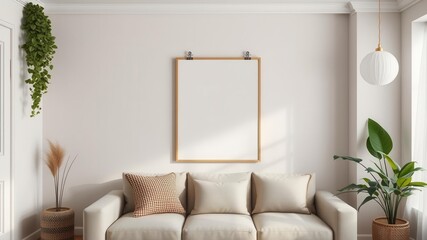 A poster mockup hanging on wooden clips in a cozy home interior, mockup, decor, interior