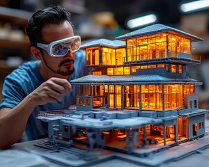 Futuristic Construction Worker Using 3D Printer and Holographic Controls to Build a Smart Home with Safety Glasses
