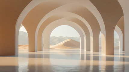 Serene Arched Architecture with Desert Sand Dunes and Reflective Floor