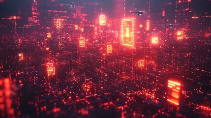 Futuristic Cityscape with Drone Delivery and Digital Billboards at Dusk