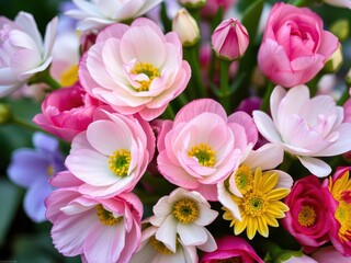 Fototapeta premium Beautiful arrangement of pink and white ranunculus flowers in full bloom on a white background, bouquet, botanical