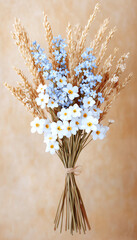 Beautifully arranged bouquet featuring delicate blue flowers and dried wheat in soft background.