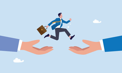 Change job or career, confidence businessman jumping from giant hand to new place, escape from toxic office, determination and courage to change to better place, improvement or progression concept.