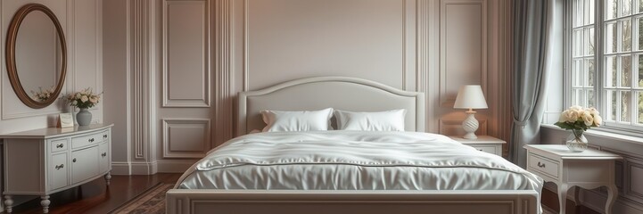 Luxurious bedroom interior with king size bed, white wooden nightstand table decorated with fresh flowers, elegant decor, sophisticated design, king size bed, bedroom, luxury