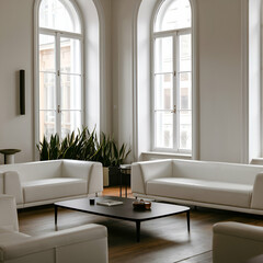 Fototapeta premium Minimalist home interior design of modern living room. Contemporary room with large windows, white sofas, a sleek black coffee table, and minimalist decor in neutral tones.
