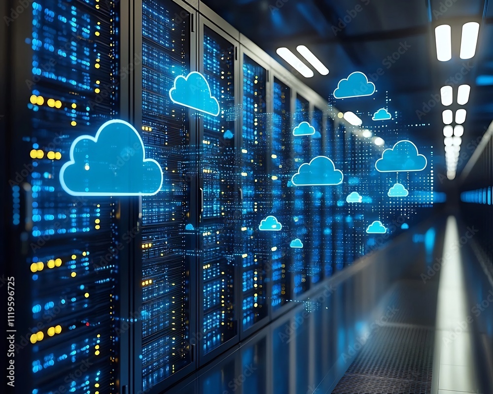 Poster abstract visualization of cloud storage and data transfer in business setting with floating icons an