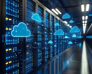 Abstract Visualization of Cloud Storage and Data Transfer in Business Setting with Floating Icons and Data Streams