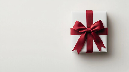 Elegant gift box with a red ribbon on a clean white surface, perfect for celebrations.