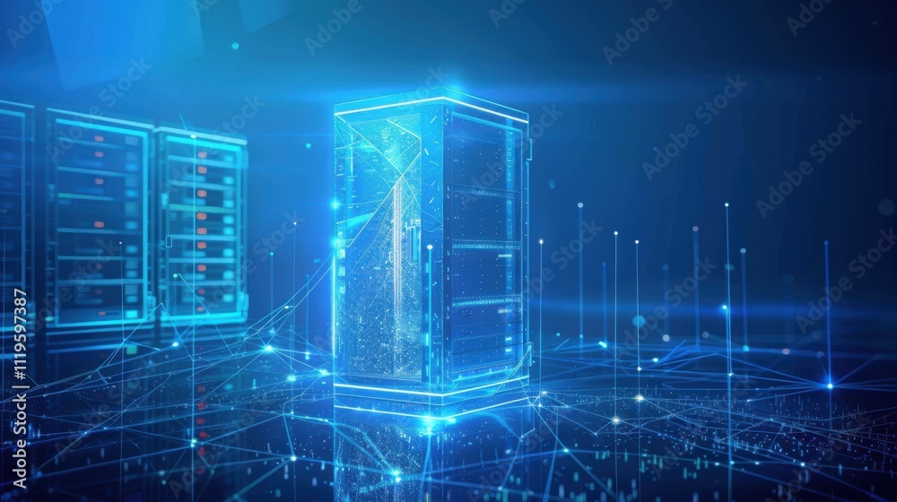 Poster cyber security concept and digital data protection with a locker in a blue background created with a