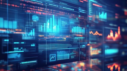 Futuristic digital data interface with dynamic charts and graphs in blue tones.