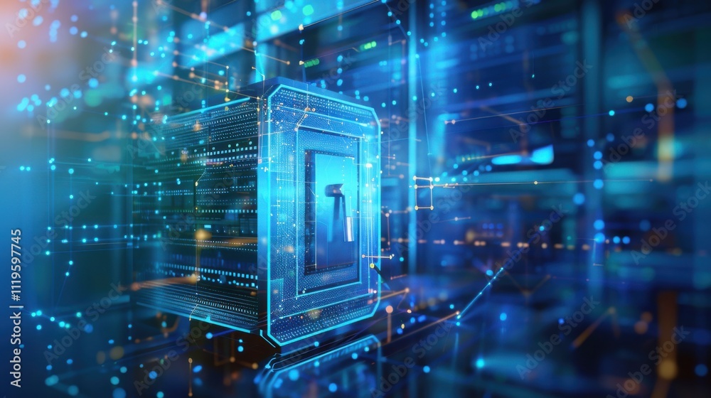 Poster cyber security concept and digital data protection with a locker in a blue background created with a
