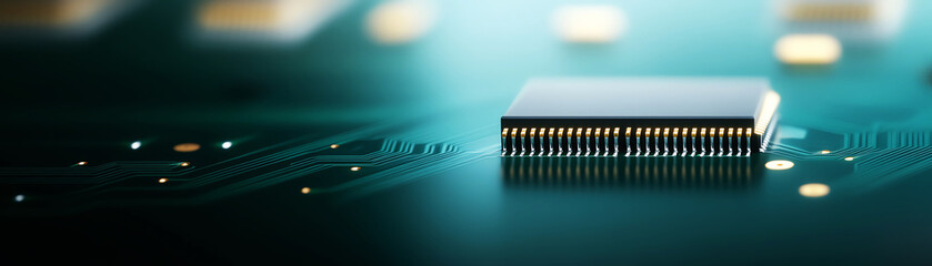 Close-up of microchip on circuit board, intricate details and modern design elements.
