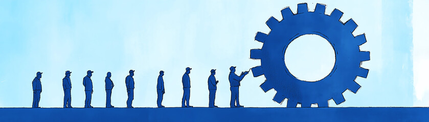 Silhouettes of professionals interacting with large gear, symbolizing teamwork and industry progress.