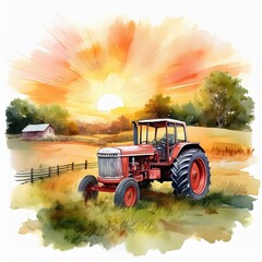 This is a charming watercolor illustration of a tractor, ideally suited for ecobranding and foodrelated blogs