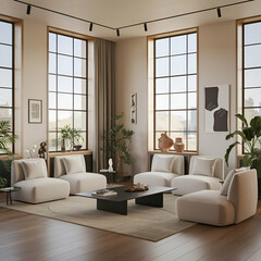 Fototapeta premium Minimalist home interior design of modern living room. Contemporary room with large windows, white sofas, a sleek black coffee table, and minimalist decor in neutral tones.