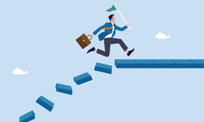 Taking risk to thrive and succeed, survive and success in crisis, courage or confidence to achieve target, effort to overcome challenge concept, businessman jumping on collapse bridge to reach target.