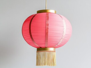 Pink paper lantern with gold accents hanging against a white background.