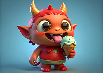 Adorable 3D Monster Enjoying Ice Cream