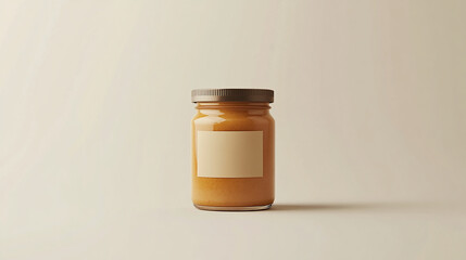 Natural peanut butter in a glass jar against a neutral backdrop, ready for use in various recipes or as a healthy snack option