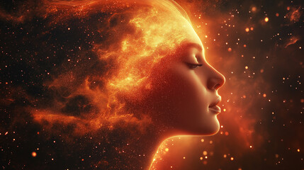 Obraz premium Beautiful woman with a cosmic background, stars and galaxies in her skin, creating an otherworldly portrait.