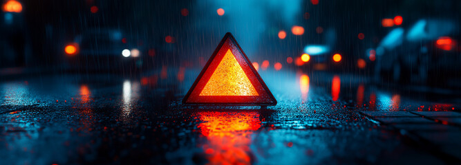 An emergency triangle sign on the road in a rainy night, with blurred lights and the reflection of water