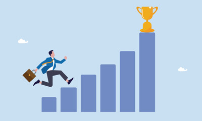 Career development concept, take small steps to achieve big goal, growing wisely slow and steady to reach target and achieve success, confidence businessman take slow small stair steps to reach goal.