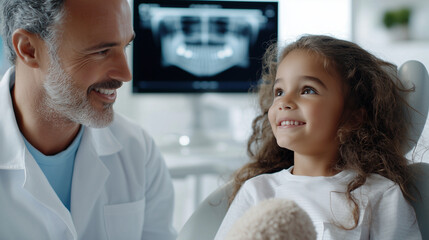 Fototapeta premium Young Girl with Dentist in Modern Dental Clinic Consultation
