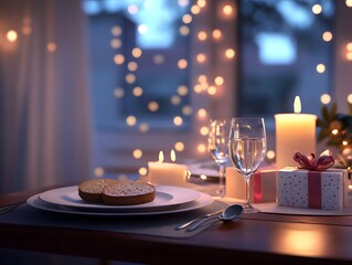 An elegantly set dinner table featuring cookies, sparkling glassware, candles, and beautiful decorations, creating a warm and inviting atmosphere for a special occasion.