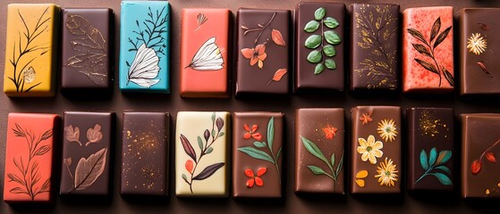 Artisan chocolate bars beautifully designed with natural themes, perfect for dessert lovers and gift giving.