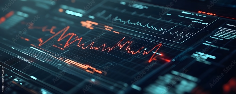 Poster close-up view of a high-tech monitoring system displaying intricate data visualizations and graphs. 
