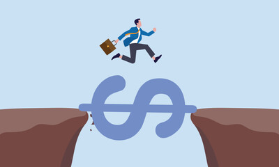 Financial help solution to get pass crisis, budget or loan payment concept, money to rescue or support business to survive, businessman jump pass cliff gap with money dollar sign bridge.