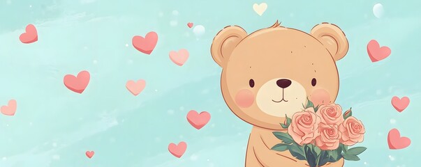 Naklejka premium Cute bear holding roses surrounded by hearts, perfect for expressing love and affection in a charming and playful way.
