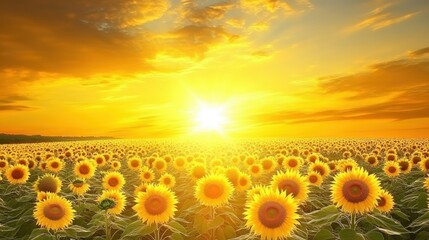 Obraz premium Bright sunflowers facing a golden sunrise, filling the field with their cheerful yellow hues focus on, summer blooms, vibrant, Fusion, sunflower field backdrop