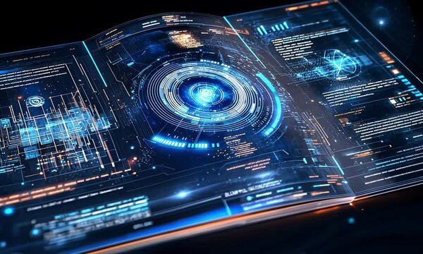 Futuristic glowing digital book open displaying data, interfaces, and codes