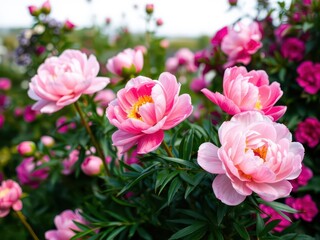 Obraz premium Lush and vibrant pink peony flowers creating a stunning botanical background, pink, peony