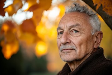 Senior man enjoys autumn foliage in a park surrounded by vibrant leaves during golden hour