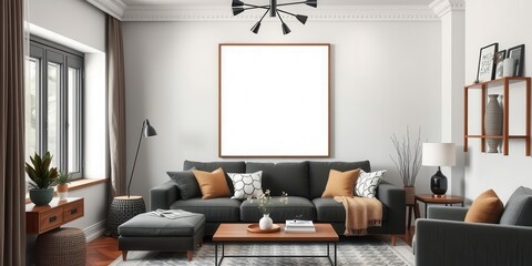Modern living room interior with a poster mockup hanging on clips, adding a stylish and personalized touch to the home decor, stylish, home