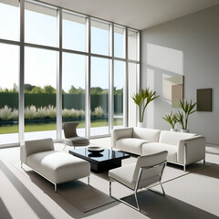 Fototapeta premium Minimalist home interior design of modern living room. Contemporary room with large windows, white sofas, a sleek black coffee table, and minimalist decor in neutral tones.