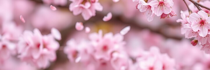 Fototapeta premium Pink sakura petals gently falling in background creating a dreamy and romantic atmosphere, falling, romantic
