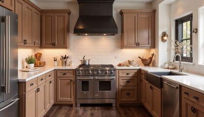 Fototapeta premium A modern kitchen showcases warm mocha mousse cabinets paired with a light backsplash. Dark wooden flooring enhances the cozy elegance, while well-placed lighting adds warmth