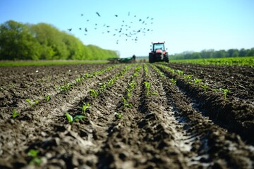Tractor cultivating field, young plants emerging, birds flying.