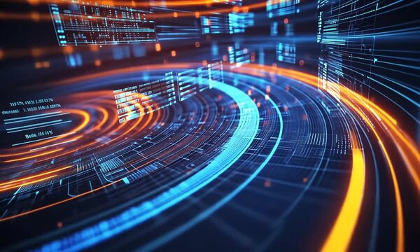 Abstract digital data stream swirling in a futuristic tech style, glowing with blue and orange light.