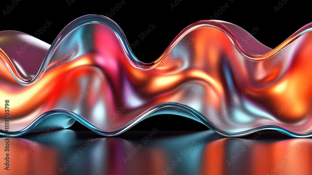 Poster a striking display of colorful waves demonstrating smooth curves and dynamic light reflection