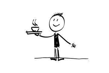 Creative Stick Figure Waiter Holding a Tray Isolated on White Background Ideal for Restaurant and Service Industry Themes