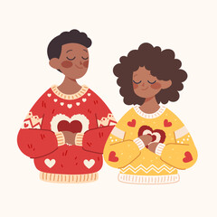 Loving couple in steamy knitted sweaters and hearts in hands. Black guy and girl for valentine's day. Printable vector illustration