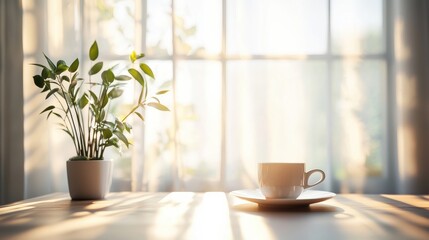 Morning coffee ritual with plant cozy home environment sunlit table view for serenity