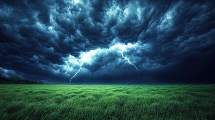 A powerful storm brews as dark clouds and lightning illuminate a vibrant green field at dusk