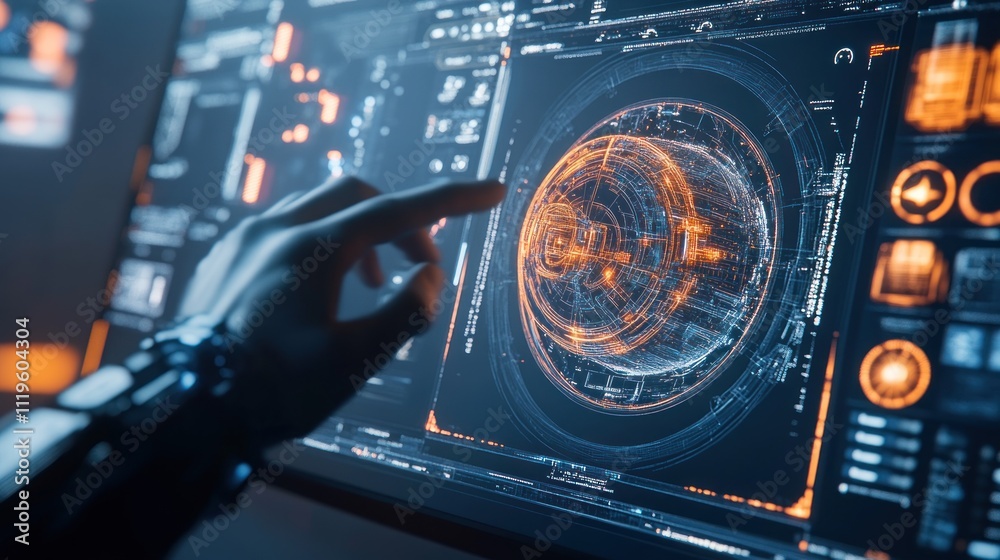 Wall mural robotic hand interacts with futuristic holographic interface displaying data.