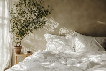 Cozy bedroom interior soft white bedding plush pillows unmade bed natural light potted olive tree